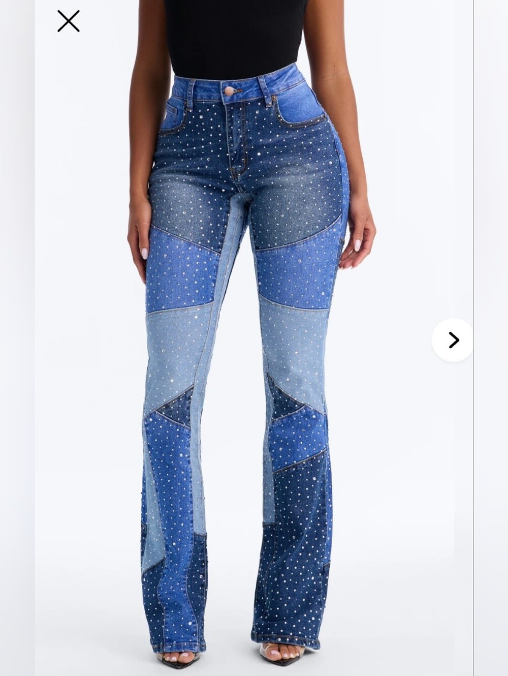 Studded Patchwork Blue Jeans - Women's High-Rise Flare  CRYSTALS SIZE 11 NEW